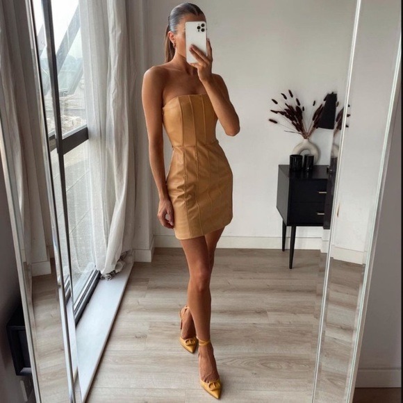 ✨LAST ZARA WOMAN NWT CARAMEL FAUX LEATHER DRESS SIZE MEDIUM - Picture 6 of 16